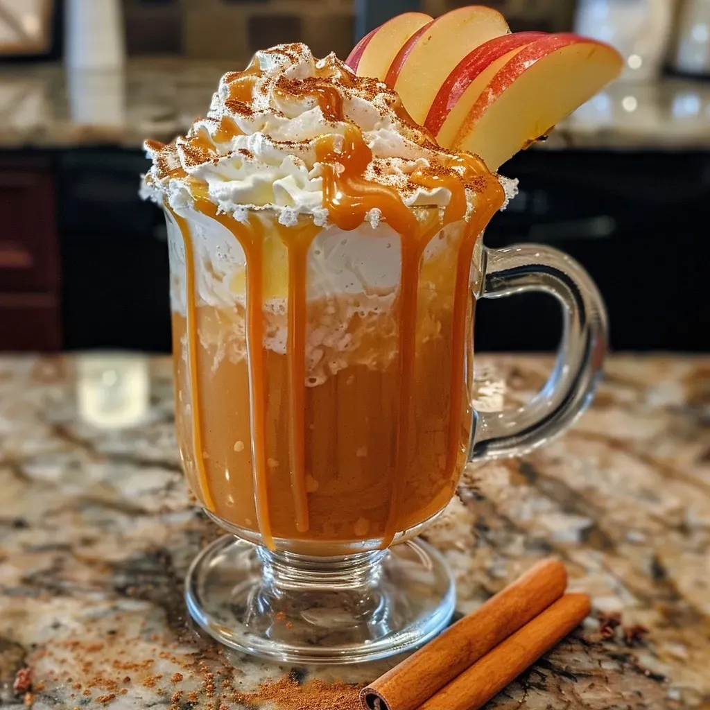 ['A glass of caramel apple cider with a smooth surface and caramel drizzle on top.', 'Close-up side view of a refreshing caramel apple cider drink garnished with caramel.', 'A warm cup of caramel apple cider showcasing its rich amber color and cinnamon sprinkle.', 'A detailed shot of caramel apple cider in a glass, highlighting the caramel topping and inviting texture.']