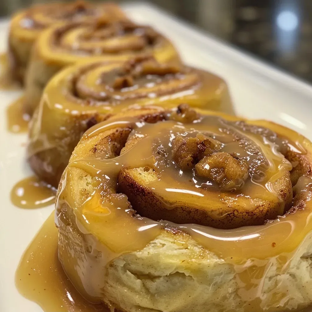 ['Close-up of golden brown caramel apple cinnamon rolls topped with a glossy caramel glaze.', 'Side view of freshly baked cinnamon rolls with apple chunks and caramel drizzle.', 'A delicious stack of cinnamon rolls featuring apple filling and rich caramel glaze.', 'Juicy caramel apple cinnamon rolls, glistening with a sweet caramel topping.']