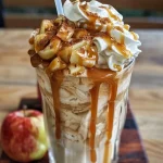 ['A creamy caramel apple milkshake topped with whipped cream and drizzled caramel.', 'Side view of a delicious caramel apple milkshake in a glass, garnished with whipped cream.', 'A close-up of a milkshake featuring chunks of apple and caramel sauce.', 'A thick caramel apple milkshake in a glass, showcasing a smooth texture and apple pieces.']