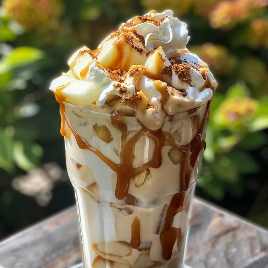 ['A creamy caramel apple milkshake topped with whipped cream and drizzled caramel.', 'Side view of a delicious caramel apple milkshake in a glass, garnished with whipped cream.', 'A close-up of a milkshake featuring chunks of apple and caramel sauce.', 'A thick caramel apple milkshake in a glass, showcasing a smooth texture and apple pieces.']
