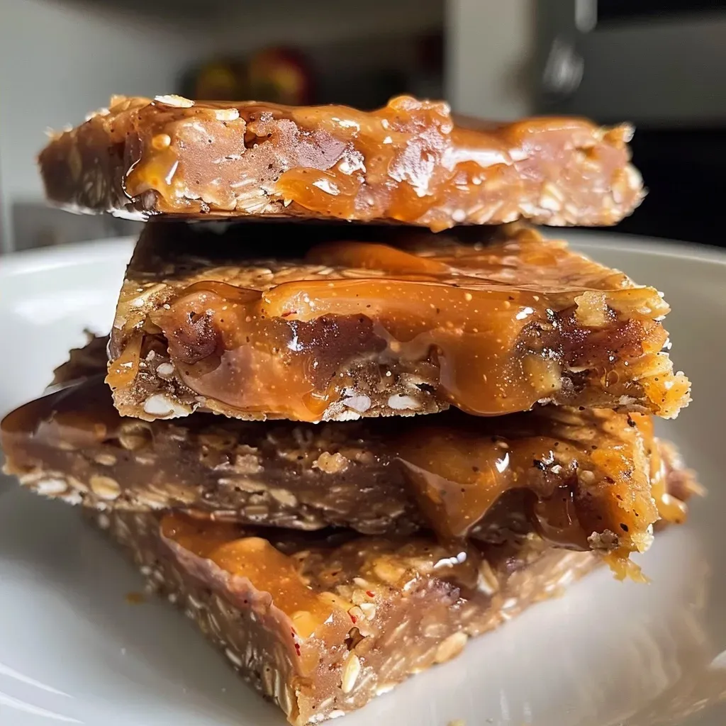 ['A close-up side view of a caramel apple protein bar with a glossy caramel layer and visible apple chunks.', 'A delicious-looking caramel apple protein bar, showcasing its chewy texture and caramel drizzle.', 'An appetizing caramel apple protein bar displayed on a neutral background, highlighting its ingredients and texture.', 'A detailed view of a caramel apple protein bar, featuring chunks of apples and a rich caramel topping.']