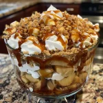 ['Close-up view of a layered Caramel Apple Trifle with apples, caramel, and pecans.', 'Side view of a delicious Caramel Apple Trifle showcasing layers of pudding and apple filling.', 'Juicy Caramel Apple Trifle in a glass dish, highlighting its creamy texture and decorative toppings.', 'Detailed shot of a Caramel Apple Trifle, featuring chunks of apple and drizzles of caramel.']