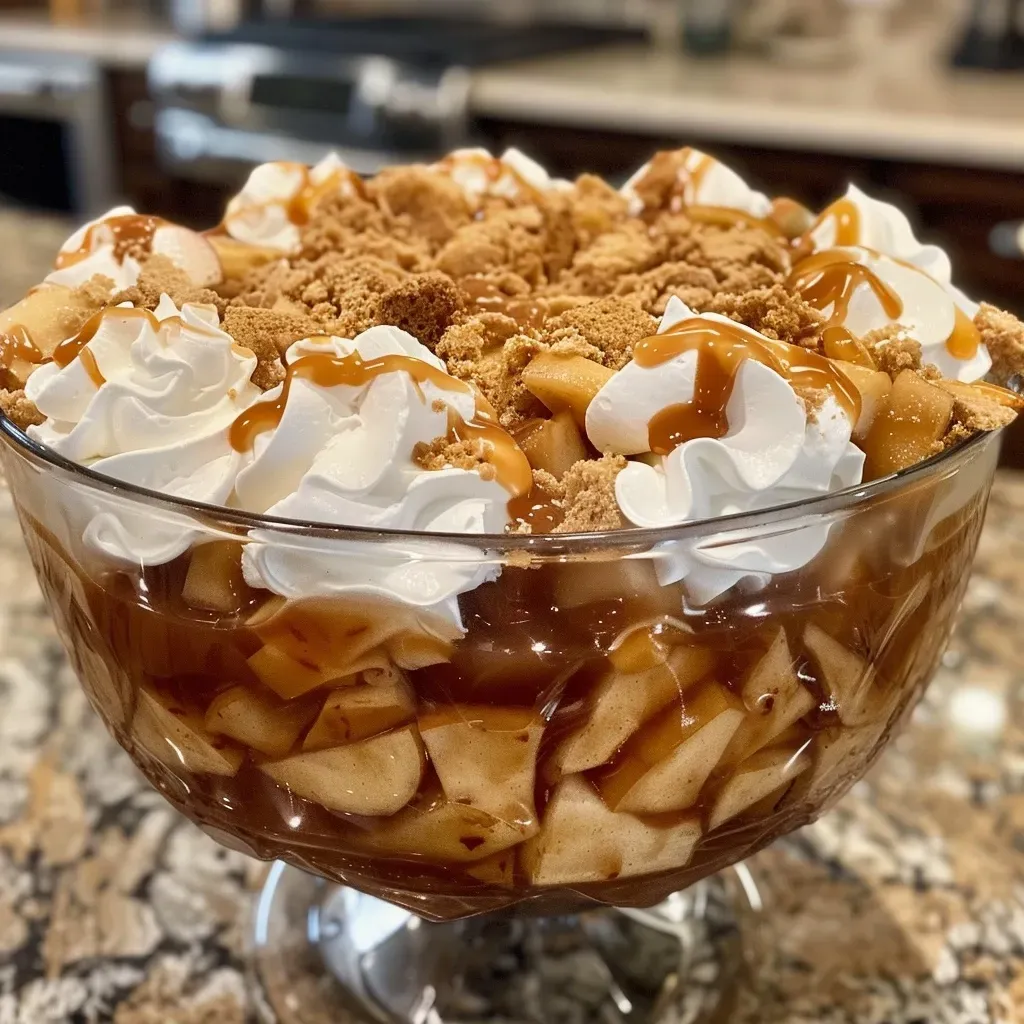 ['Close-up view of a layered Caramel Apple Trifle with apples, caramel, and pecans.', 'Side view of a delicious Caramel Apple Trifle showcasing layers of pudding and apple filling.', 'Juicy Caramel Apple Trifle in a glass dish, highlighting its creamy texture and decorative toppings.', 'Detailed shot of a Caramel Apple Trifle, featuring chunks of apple and drizzles of caramel.']