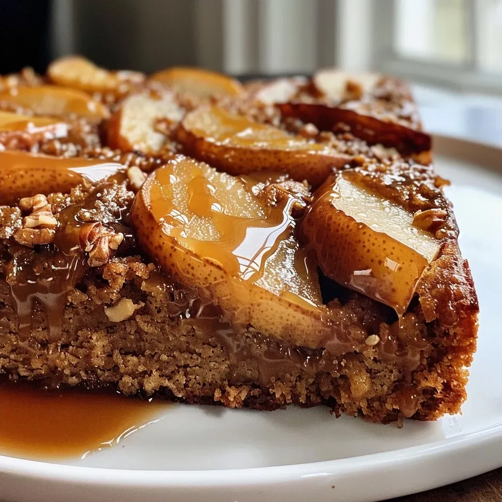 ['Close-up view of a caramel pear upside-down gingerbread cake, showcasing juicy pear slices on top.', 'Side view of a moist gingerbread cake with caramelized pears, emphasizing its rich texture.', 'Delicious caramel pear gingerbread cake with a glossy caramel layer and sliced pears on top.', 'Tantalizing side shot of an upside-down gingerbread cake, drizzled with caramel and adorned with pear slices.']