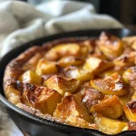 ['Close-up view of a caramelised apple Dutch baby served on a plate.', 'Juicy caramelised apple Dutch baby with a sprinkle of cinnamon and ice cream.', 'Side view of a Dutch baby pancake, topped with caramelised apples and butter.', 'Delicious Dutch baby with thick apple wedges and a scoop of vanilla ice cream.']