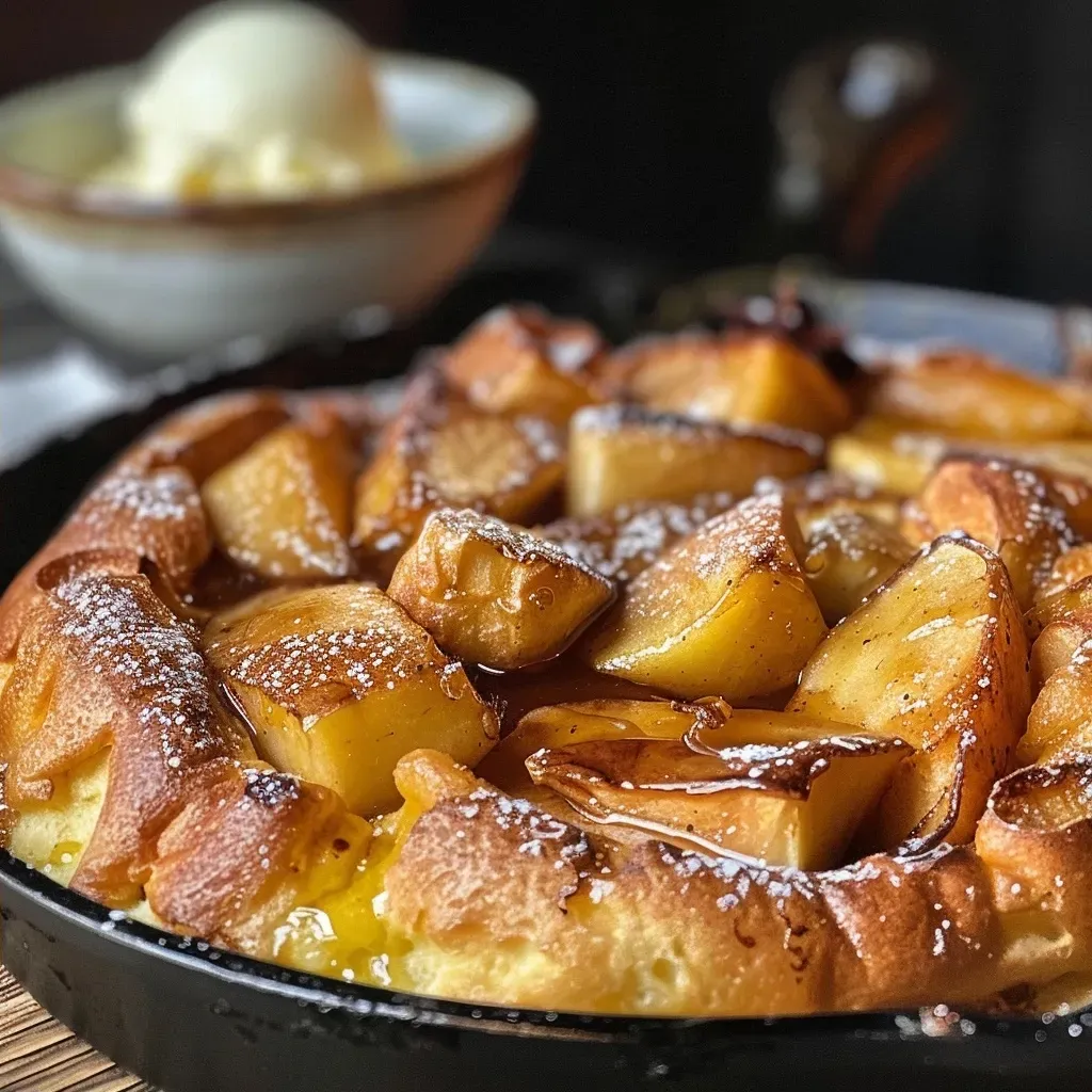 ['Close-up view of a caramelised apple Dutch baby served on a plate.', 'Juicy caramelised apple Dutch baby with a sprinkle of cinnamon and ice cream.', 'Side view of a Dutch baby pancake, topped with caramelised apples and butter.', 'Delicious Dutch baby with thick apple wedges and a scoop of vanilla ice cream.']