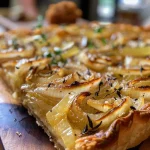 ['Close-up view of a caramelized onion tart topped with melted Gruyere cheese.', 'Side view of a golden-brown tart filled with savory caramelized onions and cheese.', 'Flaky pastry crust filled with onions and bubbling Gruyere cheese.', 'Appetizing caramelized onion tart on a wooden surface, showcasing its layers.']