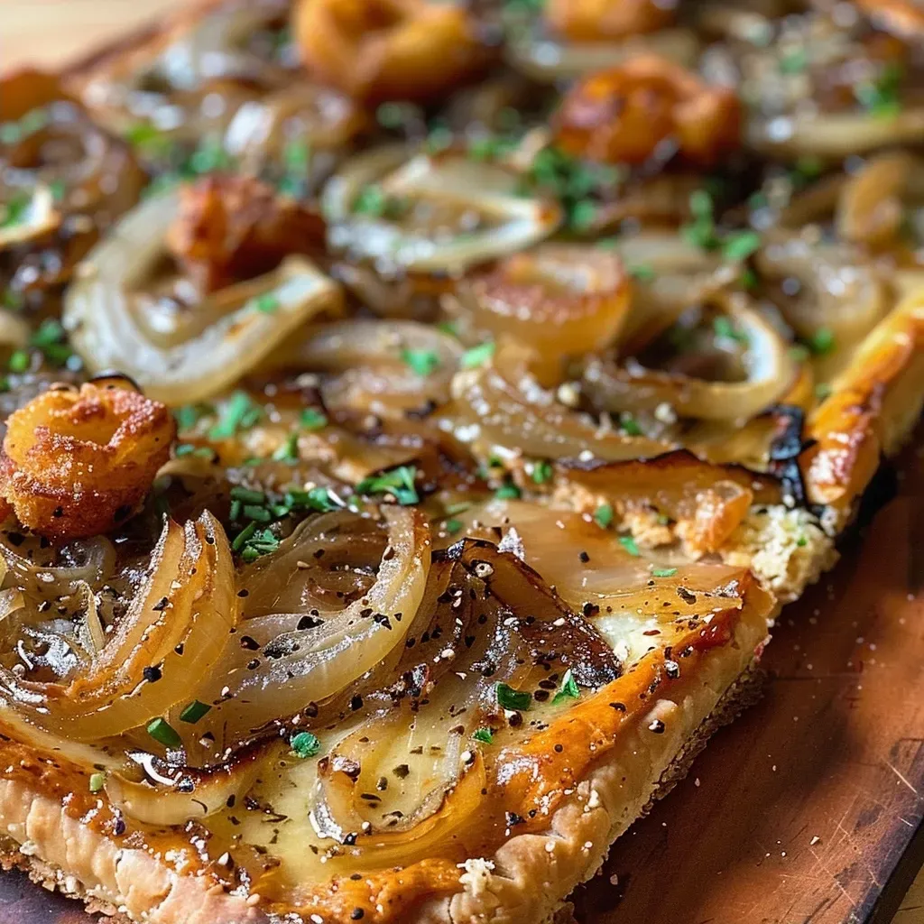 ['Juicy caramelized onion tart with a golden crust and toppings.', 'Close-up side view of a delicious caramelized onion tart on a white plate.', 'Caramelized onion tart featuring melted cheese and crispy onion rings.', 'Savory caramelized onion tart with a flaky crust and vibrant vegetable filling.']