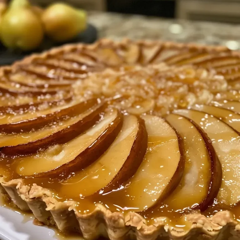 ['Close-up of a caramelized pear tart showcasing glistening slices of pear atop a golden crust.', 'Side view of a delicious pear tart with caramelized pears, highlighting its flaky pastry and rich texture.', 'Detail shot of an Italian-style caramelized pear tart with vibrant, juicy pears and a buttery base.', 'Slice of caramelized pear tart displaying warm, caramelized pears and a crispy crust.']