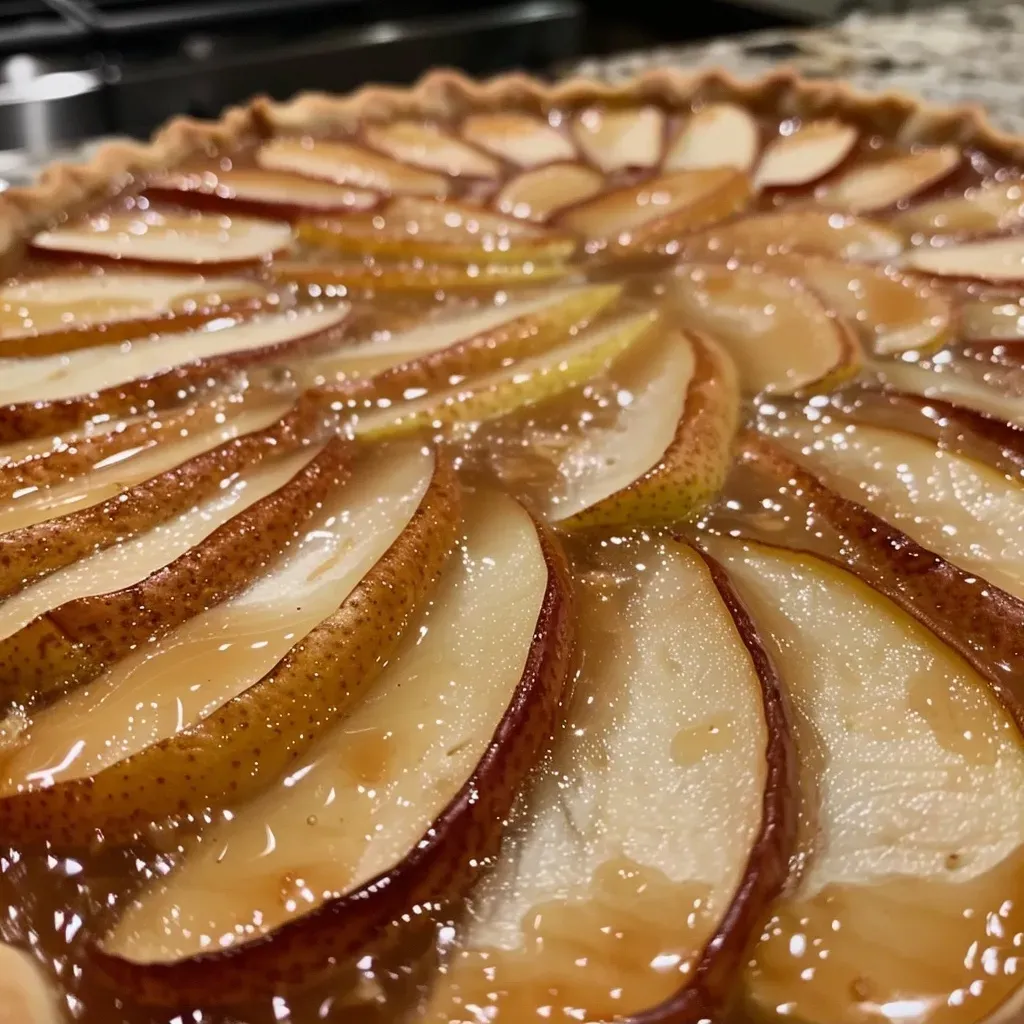 ['Close-up of a caramelized pear tart showcasing glistening slices of pear atop a golden crust.', 'Side view of a delicious pear tart with caramelized pears, highlighting its flaky pastry and rich texture.', 'Detail shot of an Italian-style caramelized pear tart with vibrant, juicy pears and a buttery base.', 'Slice of caramelized pear tart displaying warm, caramelized pears and a crispy crust.']