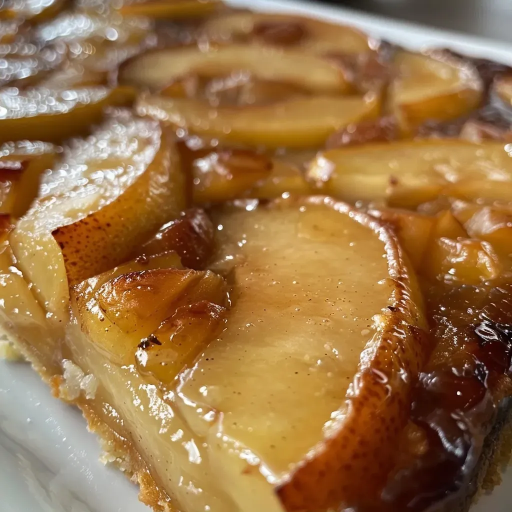 Close-up view of a caramelized upside-down pear tart with glistening pears and a golden crust.