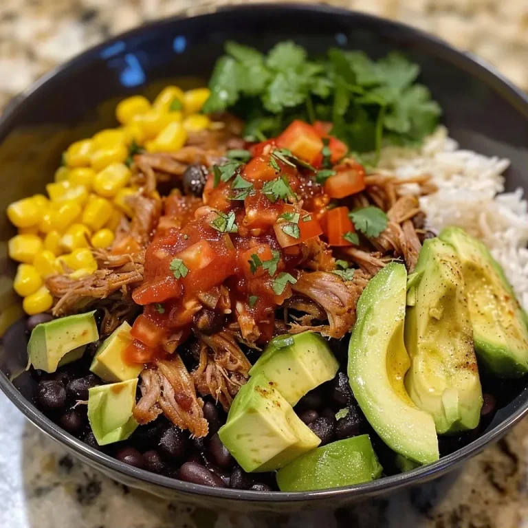 ['Close-up of a vibrant Carnitas Burrito Bowl showcasing layers of ingredients.', 'Side view of a delicious Carnitas Burrito Bowl filled with colorful toppings and textures.', 'Juicy Carnitas Burrito Bowl featuring black beans, corn, salsa, and avocado.', 'Heaping serving of a Carnitas Burrito Bowl with fresh ingredients and a lime wedge.']