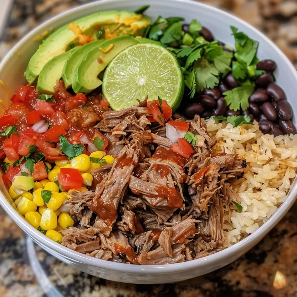 ['Close-up of a vibrant Carnitas Burrito Bowl showcasing layers of ingredients.', 'Side view of a delicious Carnitas Burrito Bowl filled with colorful toppings and textures.', 'Juicy Carnitas Burrito Bowl featuring black beans, corn, salsa, and avocado.', 'Heaping serving of a Carnitas Burrito Bowl with fresh ingredients and a lime wedge.']