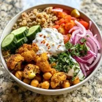 ['Close-up of a colorful Cauliflower Shawarma Bowl featuring cauliflower florets, chickpeas, and vibrant vegetables.', 'Side view of a hearty Cauliflower Shawarma Bowl filled with roasted cauliflower, quinoa, and fresh herbs.', 'Detailed image of a Cauliflower Shawarma Bowl displaying assorted ingredients like red onions, cucumbers, and Greek yogurt.', 'Appealing Cauliflower Shawarma Bowl showcasing roasted ingredients and garnished with parsley and lemon wedges.']
