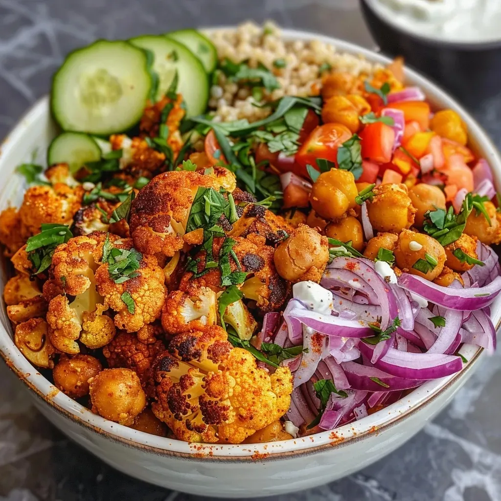 ['Close-up of a colorful Cauliflower Shawarma Bowl featuring cauliflower florets, chickpeas, and vibrant vegetables.', 'Side view of a hearty Cauliflower Shawarma Bowl filled with roasted cauliflower, quinoa, and fresh herbs.', 'Detailed image of a Cauliflower Shawarma Bowl displaying assorted ingredients like red onions, cucumbers, and Greek yogurt.', 'Appealing Cauliflower Shawarma Bowl showcasing roasted ingredients and garnished with parsley and lemon wedges.']