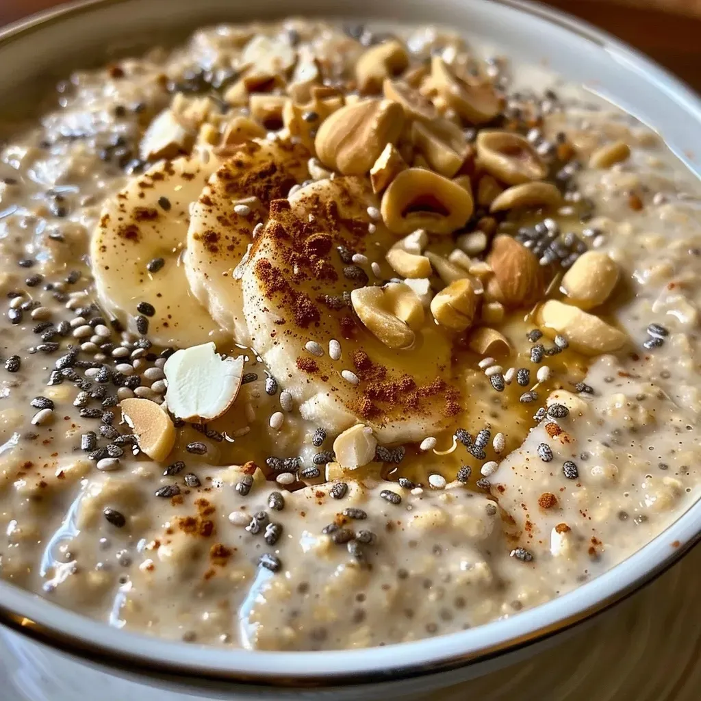 ['Close-up of a bowl of Chai Latte Overnight Oats with toppings.', 'Side view of creamy Chai Latte Overnight Oats with sliced fruits and nuts.', 'A delicious portion of Chai Latte Overnight Oats in a glass jar, garnished with berries.', 'Vibrant Chai Latte Overnight Oats displayed with a rustic background.']