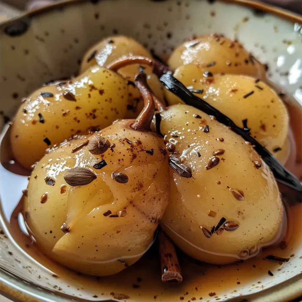 ['Side view of Chai Poached Pears in a bowl, glistening and juicy.', 'Close-up of poached pears infused with chai spices, showcasing their texture.', 'Juicy Chai Poached Pears arranged elegantly, highlighting their syrupy glaze.', 'Detailed view of ripe pears poached in chai, with visible cinnamon and cardamom.']