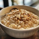 ['Close-up view of creamy chai spiced rice pudding topped with coconut flakes and a sprinkle of chai spice.', 'Side view of a bowl filled with vegan chai spiced rice pudding, garnished with chocolate chips and nuts.', 'Delicious rice pudding featuring a creamy texture and visible spices, elegantly presented in a bowl.', 'An inviting bowl of chai spiced rice pudding with a glossy finish, adorned with optional toppings.']