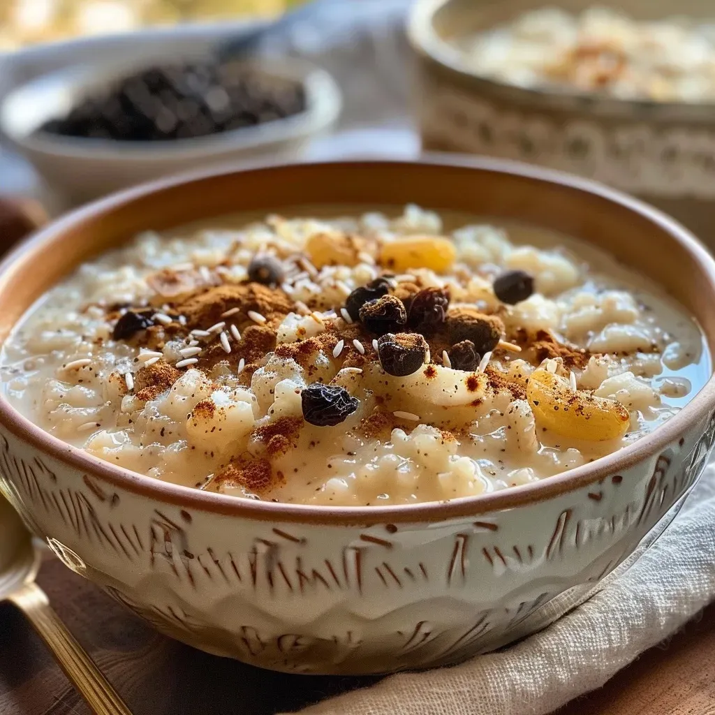 ['Close-up view of creamy chai spiced rice pudding topped with coconut flakes and a sprinkle of chai spice.', 'Side view of a bowl filled with vegan chai spiced rice pudding, garnished with chocolate chips and nuts.', 'Delicious rice pudding featuring a creamy texture and visible spices, elegantly presented in a bowl.', 'An inviting bowl of chai spiced rice pudding with a glossy finish, adorned with optional toppings.']