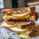 ['A side view of a grilled cheese sandwich with sharp cheddar and thinly sliced red apple.', 'Close-up of a delicious Cheddar and Apple Grilled Cheese with a rustic bread crust.', 'Juicy grilled cheese sandwich featuring melted cheese and apple slices, captured in detail.', 'A mouthwatering grilled cheese featuring cheddar and apple, presented in a rustic style.']
