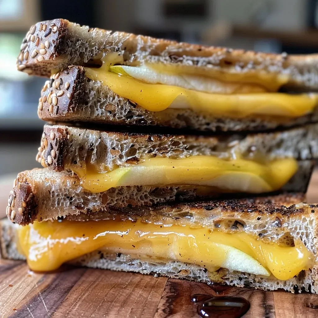 ['A side view of a grilled cheese sandwich with sharp cheddar and thinly sliced red apple.', 'Close-up of a delicious Cheddar and Apple Grilled Cheese with a rustic bread crust.', 'Juicy grilled cheese sandwich featuring melted cheese and apple slices, captured in detail.', 'A mouthwatering grilled cheese featuring cheddar and apple, presented in a rustic style.']