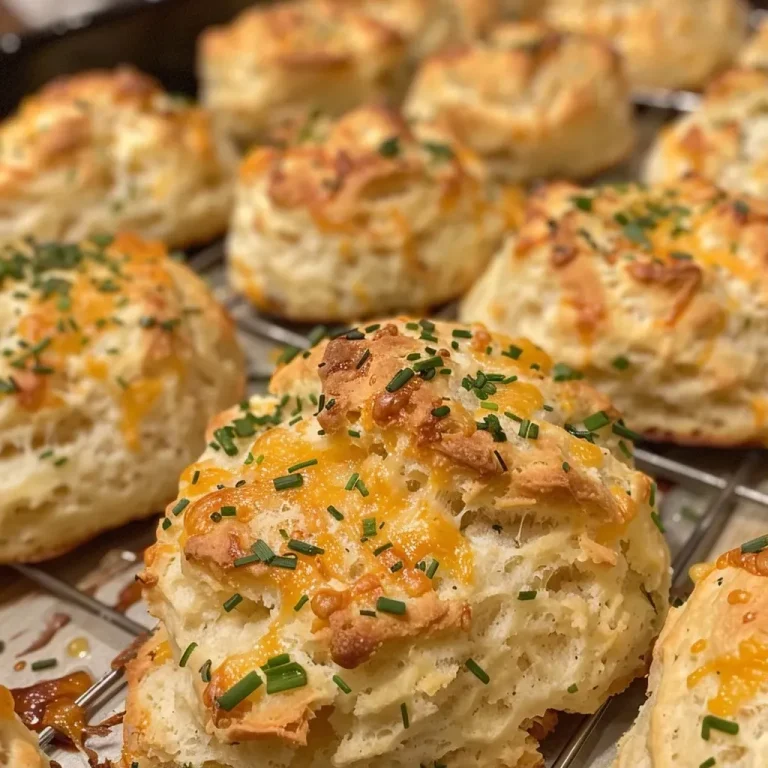 ['Close-up view of golden-brown Cheddar Chive Drop Biscuits on a rustic wooden table.', 'Side view of freshly baked Cheddar Chive Drop Biscuits, showcasing their flaky texture and cheesy interior.', 'Juicy Cheddar Chive Drop Biscuits piled on a white plate, garnished with fresh chives.', 'Delicious Cheddar Chive Drop Biscuits displayed against a dark background, capturing their buttery shine.']