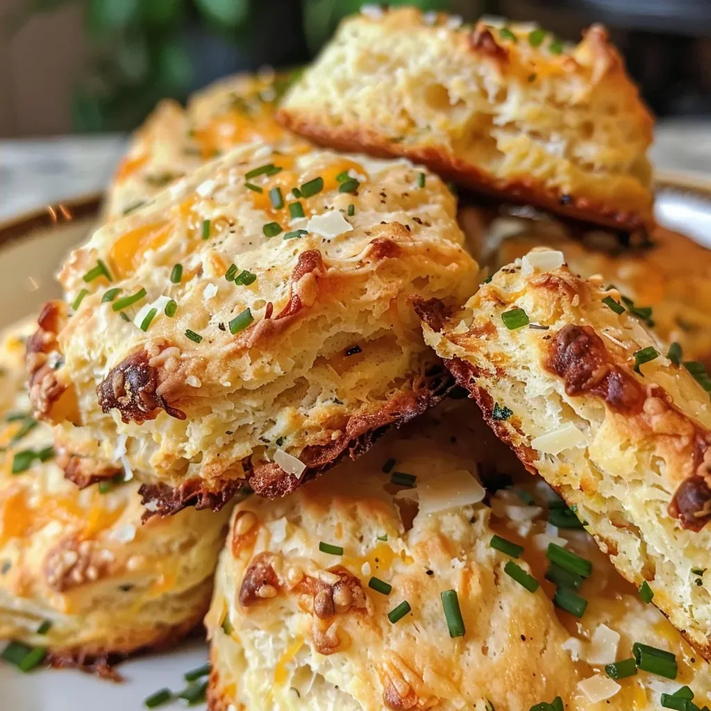 ['Close-up view of golden-brown Cheddar Chive Drop Biscuits on a rustic wooden table.', 'Side view of freshly baked Cheddar Chive Drop Biscuits, showcasing their flaky texture and cheesy interior.', 'Juicy Cheddar Chive Drop Biscuits piled on a white plate, garnished with fresh chives.', 'Delicious Cheddar Chive Drop Biscuits displayed against a dark background, capturing their buttery shine.']