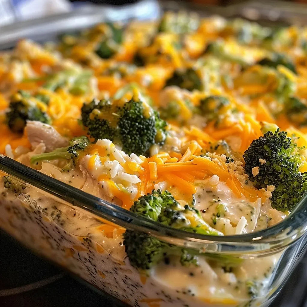 ['Close-up view of a cheesy chicken broccoli casserole with a golden topping.', 'Side angle shot of a creamy casserole filled with chicken, broccoli, and melted cheese.', 'Juicy cheesy chicken broccoli casserole, showcasing broccoli florets and crunchy cracker topping.', 'Dish of cheesy chicken broccoli casserole with visible layers of ingredients and a crispy crust.']