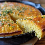 ['Close-up view of golden brown cheesy cornbread in a skillet.', 'Juicy cheesy cornbread with melted cheese and a crispy top in a cast iron skillet.', 'Side view of delicious cornbread, showcasing its rich texture and cheesy filling.', 'Freshly baked cheesy cornbread, highlighting its moist interior and crispy edges.']