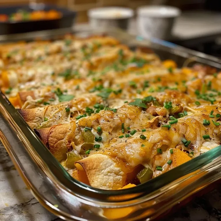 ['Close-up of a baked Chicken Enchilada dish with colorful layers of butternut squash and black beans.', 'Side view of a Chicken Enchilada Bake topped with cheese, garnished with diced green pepper.', 'Juicy Chicken Enchilada Bake displaying vibrant ingredients like butternut squash and melted cheese.', 'Delicious Chicken Enchilada Bake in a dish, featuring black beans and a golden-brown topping.']