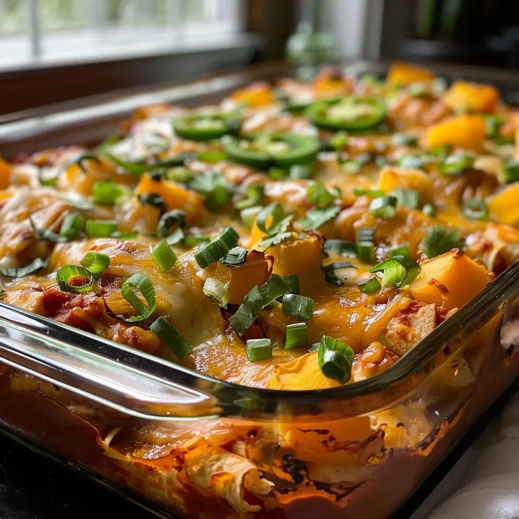 ['Close-up of a baked Chicken Enchilada dish with colorful layers of butternut squash and black beans.', 'Side view of a Chicken Enchilada Bake topped with cheese, garnished with diced green pepper.', 'Juicy Chicken Enchilada Bake displaying vibrant ingredients like butternut squash and melted cheese.', 'Delicious Chicken Enchilada Bake in a dish, featuring black beans and a golden-brown topping.']