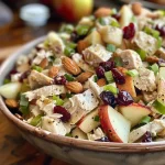 ['Close-up view of a colorful Chicken Salad with diced apples, almonds, and cranberries.', 'Side view of a vibrant Chicken Salad featuring apples and slivered almonds on a plate.', 'Juicy Chicken Salad with sliced apples and green onions arranged attractively.', 'Delicious Chicken Salad highlighted with honeycrisp apple pieces and nuts.']