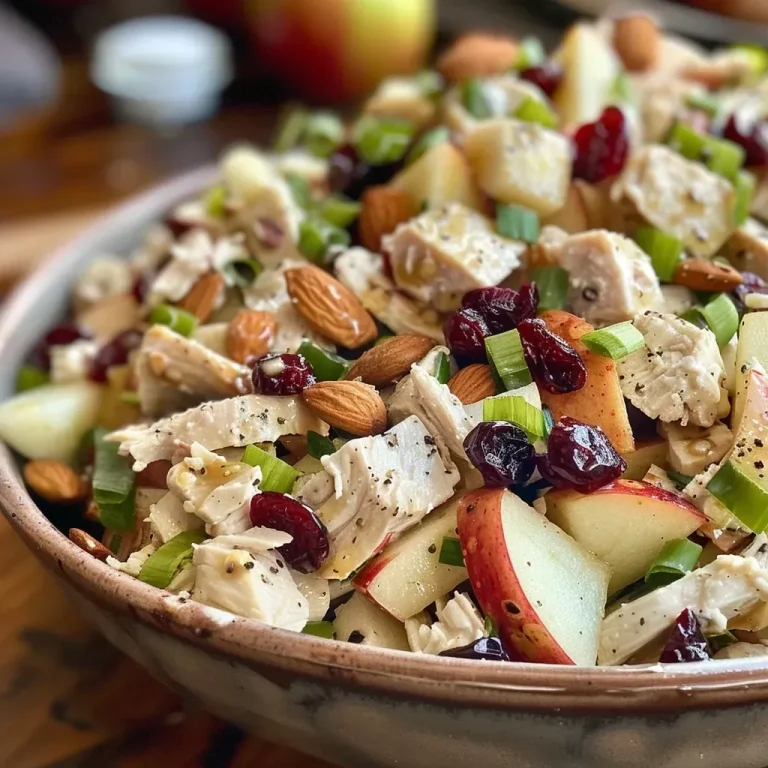 ['Close-up view of a colorful Chicken Salad with diced apples, almonds, and cranberries.', 'Side view of a vibrant Chicken Salad featuring apples and slivered almonds on a plate.', 'Juicy Chicken Salad with sliced apples and green onions arranged attractively.', 'Delicious Chicken Salad highlighted with honeycrisp apple pieces and nuts.']