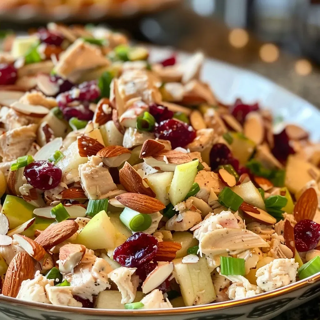 ['Close-up view of a colorful Chicken Salad with diced apples, almonds, and cranberries.', 'Side view of a vibrant Chicken Salad featuring apples and slivered almonds on a plate.', 'Juicy Chicken Salad with sliced apples and green onions arranged attractively.', 'Delicious Chicken Salad highlighted with honeycrisp apple pieces and nuts.']