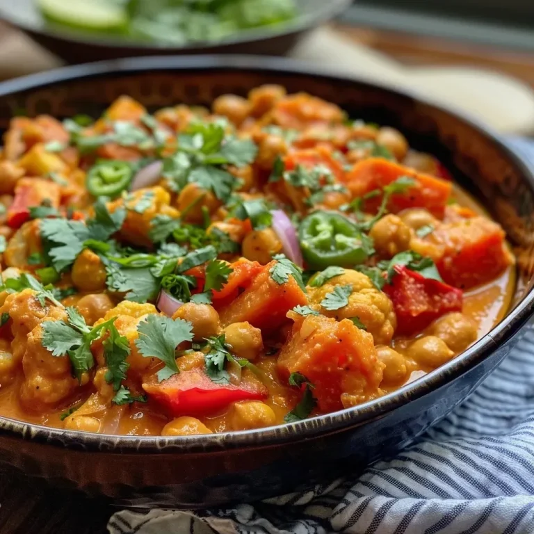 ['A close-up side view of a colorful Chickpea Coconut Curry with vibrant vegetables.', 'Juicy Chickpea Coconut Curry featuring cauliflower, sweet potatoes, and spices in a bowl.', 'A side view of a creamy Chickpea Coconut Curry garnished with fresh cilantro and a red pepper.', 'A rich and colorful Chickpea Coconut Curry dish with a variety of vegetables and coconut milk.']