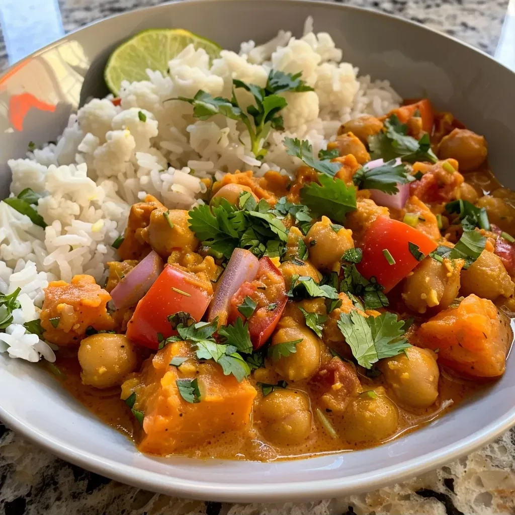 ['A close-up side view of a colorful Chickpea Coconut Curry with vibrant vegetables.', 'Juicy Chickpea Coconut Curry featuring cauliflower, sweet potatoes, and spices in a bowl.', 'A side view of a creamy Chickpea Coconut Curry garnished with fresh cilantro and a red pepper.', 'A rich and colorful Chickpea Coconut Curry dish with a variety of vegetables and coconut milk.']