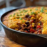 ['Close-up view of a skillet filled with chili and cornbread bake, topped with green onions.', 'Side angle of a delicious chili and cornbread skillet bake with melted cheese on top.', 'Juicy chili and cornbread bake in a cast iron skillet with a golden crust and fresh toppings.', 'A hearty serving of chili and cornbread bake, showcasing layers of beans and cheese.']