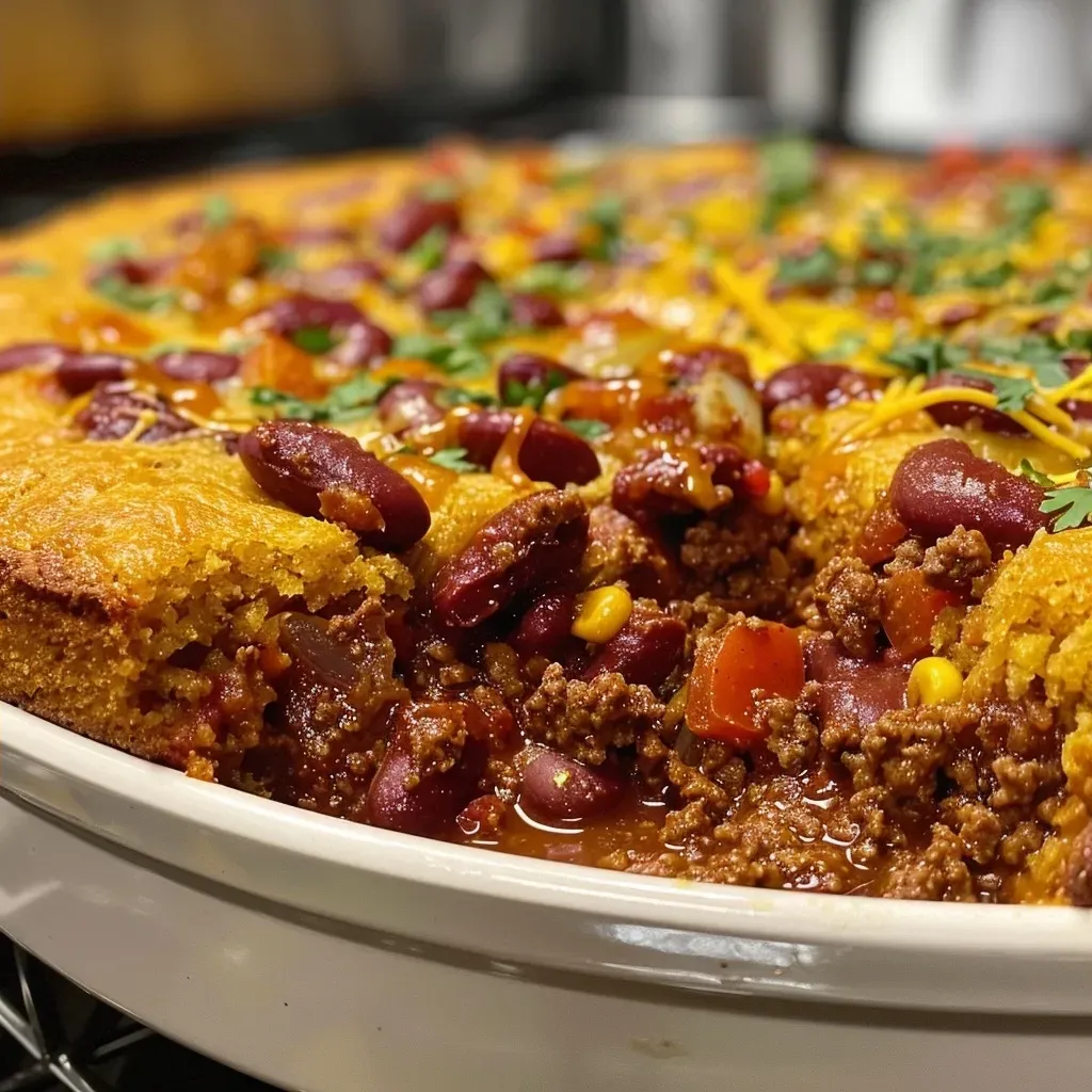 ['Close-up view of a skillet filled with chili and cornbread bake, topped with green onions.', 'Side angle of a delicious chili and cornbread skillet bake with melted cheese on top.', 'Juicy chili and cornbread bake in a cast iron skillet with a golden crust and fresh toppings.', 'A hearty serving of chili and cornbread bake, showcasing layers of beans and cheese.']
