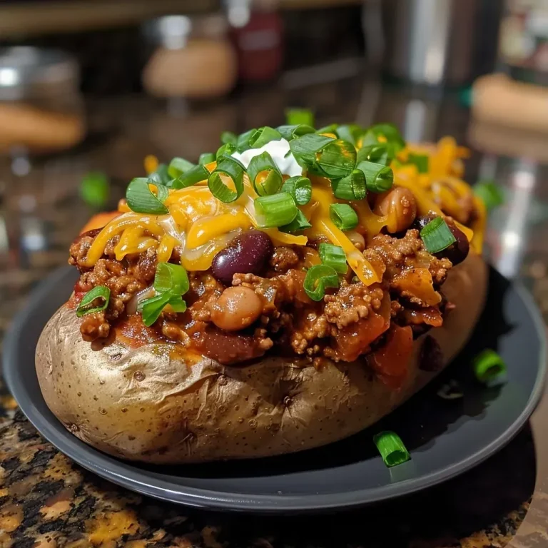['Close-up of a Chili Baked Potato topped with melted cheese and sour cream.', 'Side view of a hearty Chili Baked Potato garnished with green onions.', 'Juicy Chili Baked Potato with a rich chili mixture spilling over the sides.', 'Deliciously loaded Chili Baked Potato showcasing vibrant toppings.']