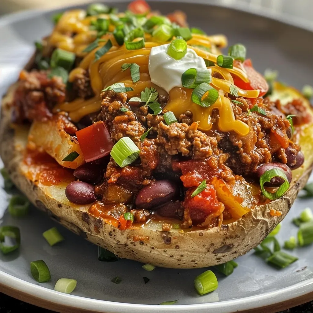 ['Close-up of a Chili Baked Potato topped with melted cheese and sour cream.', 'Side view of a hearty Chili Baked Potato garnished with green onions.', 'Juicy Chili Baked Potato with a rich chili mixture spilling over the sides.', 'Deliciously loaded Chili Baked Potato showcasing vibrant toppings.']