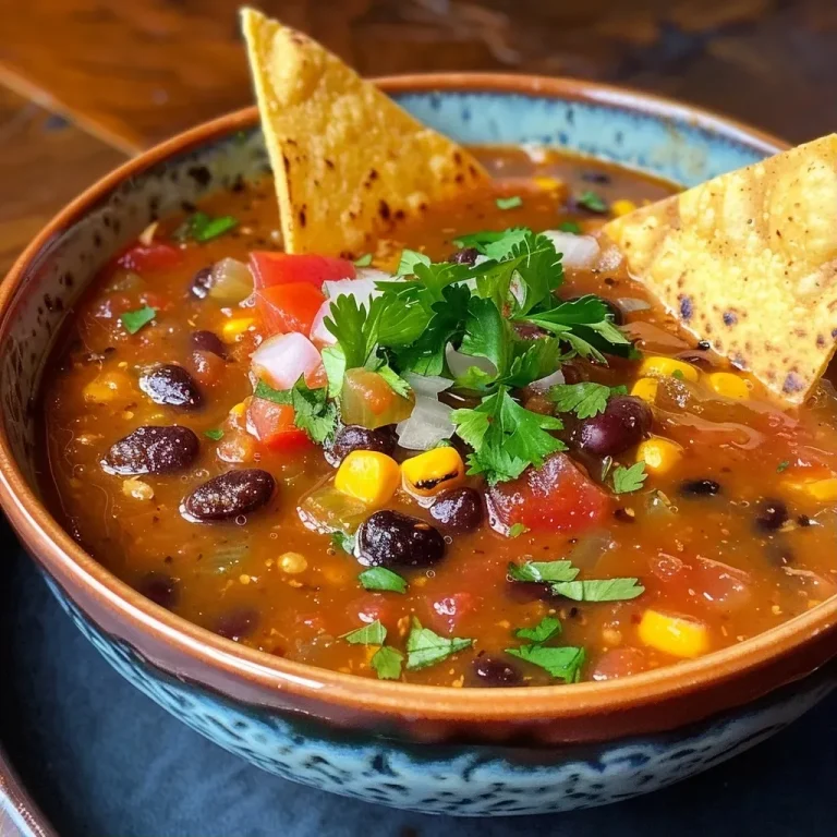 ['A close-up view of a bowl of Chipotle Black Bean Tortilla Soup with toppings.', 'A vibrant bowl of black bean soup decorated with corn tortillas and fresh cilantro.', 'A delicious serving of Chipotle Black Bean Tortilla Soup featuring colorful ingredients.', 'A side view of a hearty black bean tortilla soup with a spoon resting beside it.']