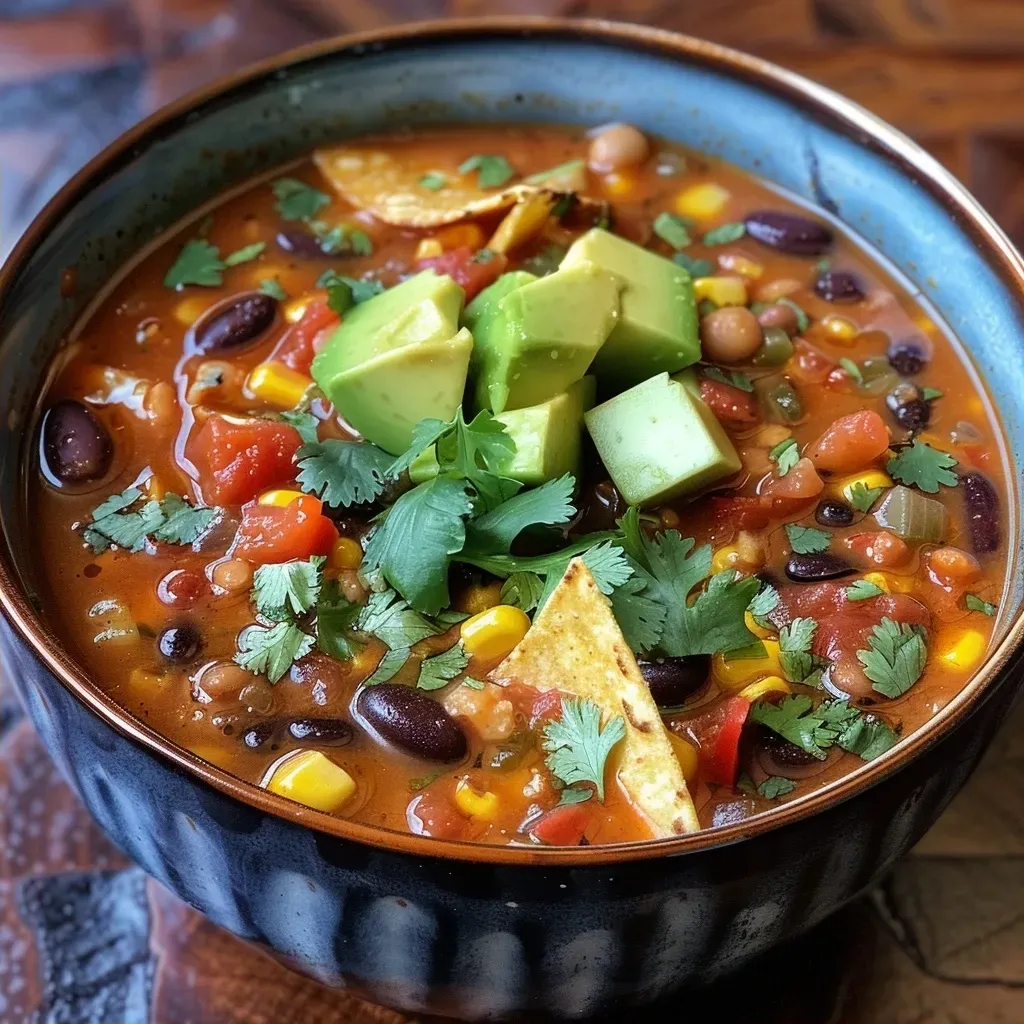 ['A close-up view of a bowl of Chipotle Black Bean Tortilla Soup with toppings.', 'A vibrant bowl of black bean soup decorated with corn tortillas and fresh cilantro.', 'A delicious serving of Chipotle Black Bean Tortilla Soup featuring colorful ingredients.', 'A side view of a hearty black bean tortilla soup with a spoon resting beside it.']