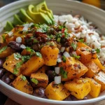 ['Close-up view of a colorful bowl featuring Chipotle Roasted Butternut Squash with black beans, garnished with cilantro.', 'Side view of a vibrant dish containing roasted butternut squash and black beans, topped with slices of avocado.', 'Detailed shot of a hearty serving of Chipotle Roasted Butternut Squash mixed with black beans and fresh ingredients.', 'Image showing a delicious bowl of Chipotle Roasted Butternut Squash Black Beans, complete with rice and herbs.']