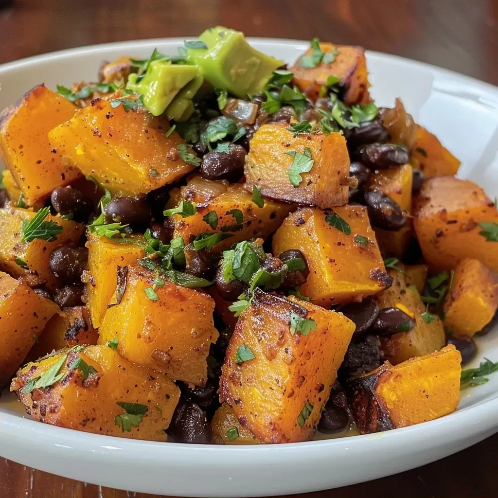 ['Close-up view of a colorful bowl featuring Chipotle Roasted Butternut Squash with black beans, garnished with cilantro.', 'Side view of a vibrant dish containing roasted butternut squash and black beans, topped with slices of avocado.', 'Detailed shot of a hearty serving of Chipotle Roasted Butternut Squash mixed with black beans and fresh ingredients.', 'Image showing a delicious bowl of Chipotle Roasted Butternut Squash Black Beans, complete with rice and herbs.']