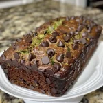 ['Close-up side view of a slice of chocolate chip zucchini bread with chocolate chips visible.', 'A moist slice of chocolate chip zucchini bread showcasing juicy zucchini and chocolate chunks.', 'Detailed side view of chocolate chip zucchini bread highlighting its rich texture and chocolate pieces.', 'Freshly baked chocolate chip zucchini bread slice with visible zucchini and melted chocolate chips.']