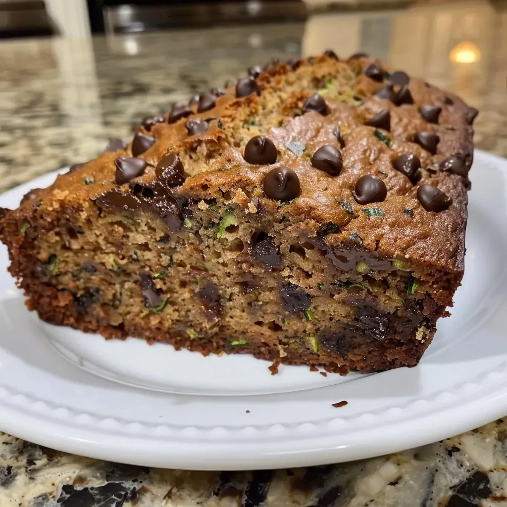 ['Close-up side view of a slice of chocolate chip zucchini bread with chocolate chips visible.', 'A moist slice of chocolate chip zucchini bread showcasing juicy zucchini and chocolate chunks.', 'Detailed side view of chocolate chip zucchini bread highlighting its rich texture and chocolate pieces.', 'Freshly baked chocolate chip zucchini bread slice with visible zucchini and melted chocolate chips.']
