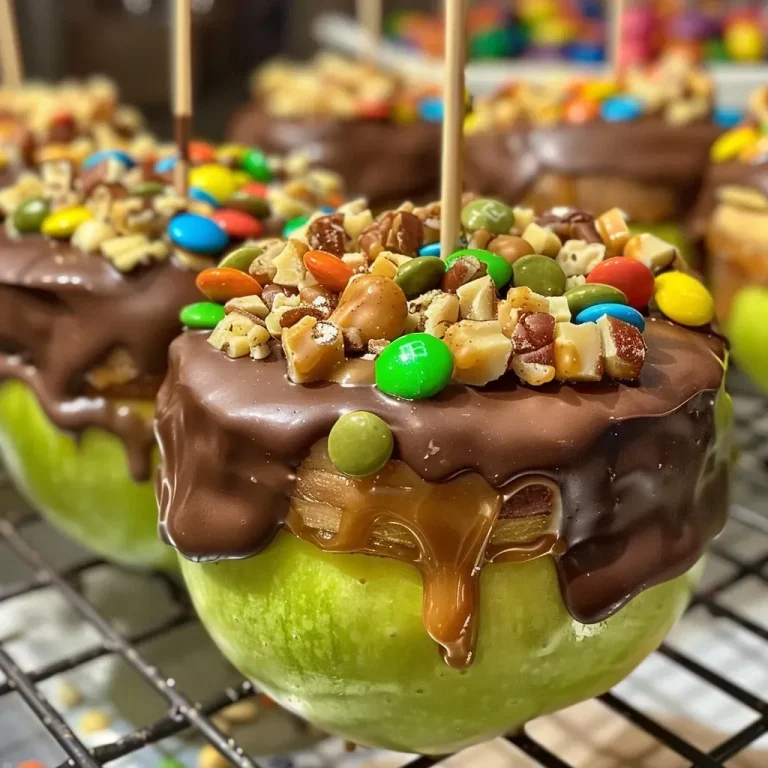 ["Close-up view of chocolate-covered caramel apple slices drizzled with chocolate and topped with colorful M&M's.", 'Side angle of juicy apple slices coated in caramel and chocolate, decorated with nuts and candy.', 'Detailed shot of caramel apple slices, showcasing the glossy chocolate coating and crunchy toppings.', 'Tantalizing image of sliced apples covered in caramel and melted chocolate, garnished with vibrant toppings.']