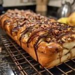 ['Close-up view of a freshly baked Chocolate Hazelnut and Pear Babka with a shiny crust and visible chunks of chocolate and pear.', 'Side view of a decadent Chocolate Hazelnut Pear Babka showcasing its glossy surface and rich fillings.', 'Detailed shot of Chocolate Hazelnut Pear Babka, highlighting layers of dough, chocolate, and bits of pear.', 'Close-up image of a sliced Chocolate Hazelnut and Pear Babka, revealing a soft interior filled with chocolate and nuts.']