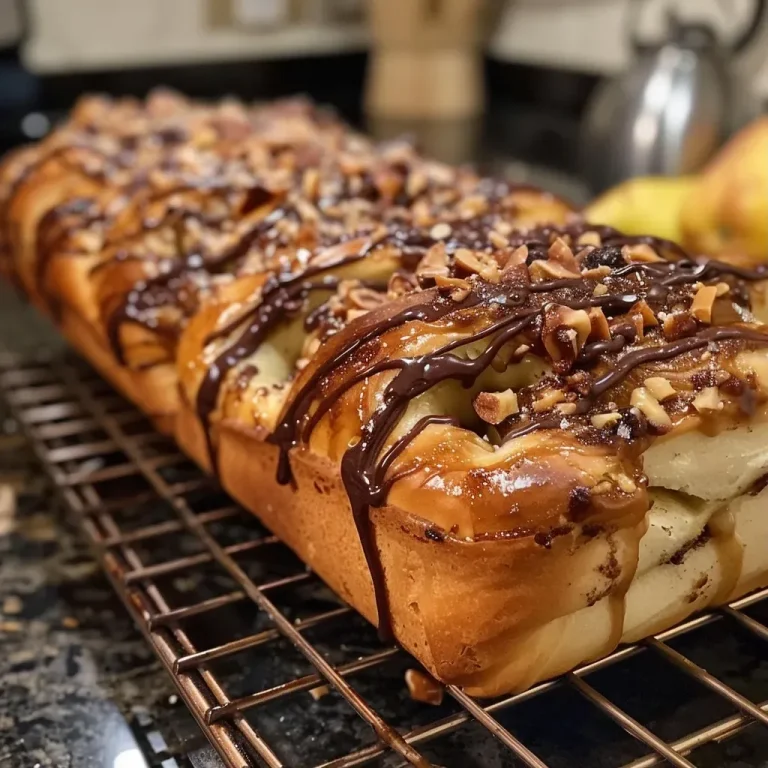 ['Close-up view of a freshly baked Chocolate Hazelnut and Pear Babka with a shiny crust and visible chunks of chocolate and pear.', 'Side view of a decadent Chocolate Hazelnut Pear Babka showcasing its glossy surface and rich fillings.', 'Detailed shot of Chocolate Hazelnut Pear Babka, highlighting layers of dough, chocolate, and bits of pear.', 'Close-up image of a sliced Chocolate Hazelnut and Pear Babka, revealing a soft interior filled with chocolate and nuts.']