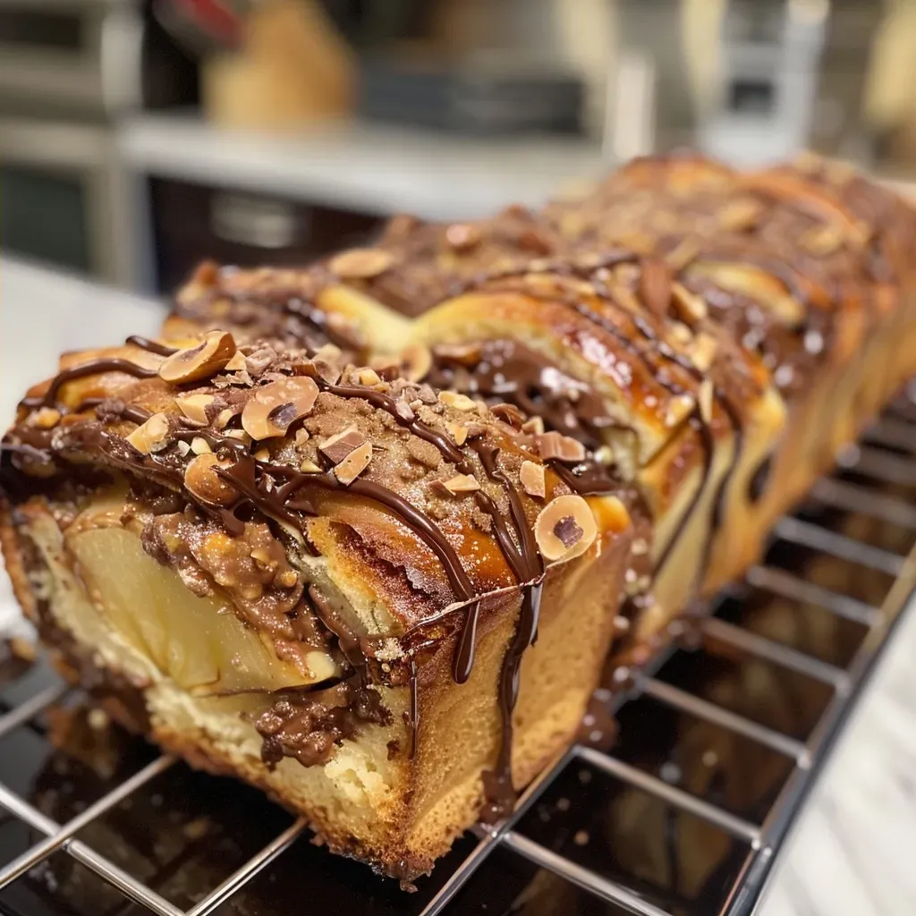 ['Close-up view of a freshly baked Chocolate Hazelnut and Pear Babka with a shiny crust and visible chunks of chocolate and pear.', 'Side view of a decadent Chocolate Hazelnut Pear Babka showcasing its glossy surface and rich fillings.', 'Detailed shot of Chocolate Hazelnut Pear Babka, highlighting layers of dough, chocolate, and bits of pear.', 'Close-up image of a sliced Chocolate Hazelnut and Pear Babka, revealing a soft interior filled with chocolate and nuts.']